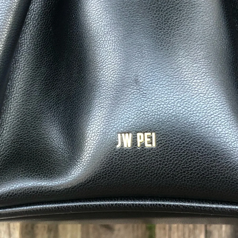 JW PEI Black Ruched Shoulder Bag with Gold Logo